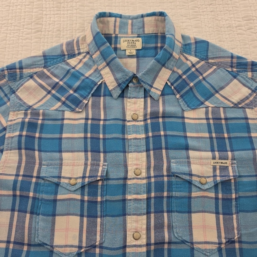 Lucky Brand Button Up Blouse Women's L Blue White Plaid Long Sleeve Pearl Snap - Picture 5 of 16